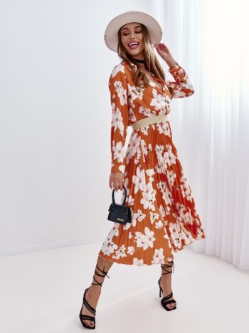 Feminines Blumen-Plissee-Kleid von Cocomore in Orange Kleider Abeli Exclusive Fashion