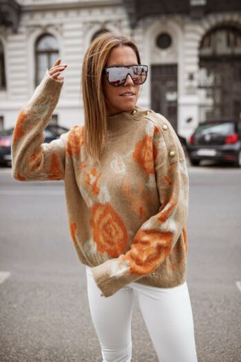 Pullover mit Blumendruck in Orange von Bastet Fashion Pullover / Strickjacken Abeli Exclusive Fashion